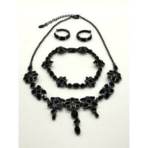 Black Glass Necklace Set Blue Aurora Borealis Crystals Earrings Bracelet Gothic